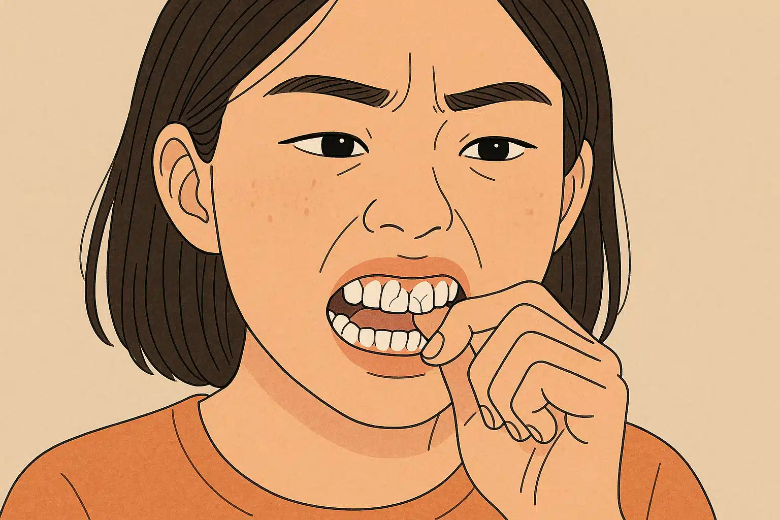 앞니로 손톱을 깨무는 장면과 치아에 금이 간 모습