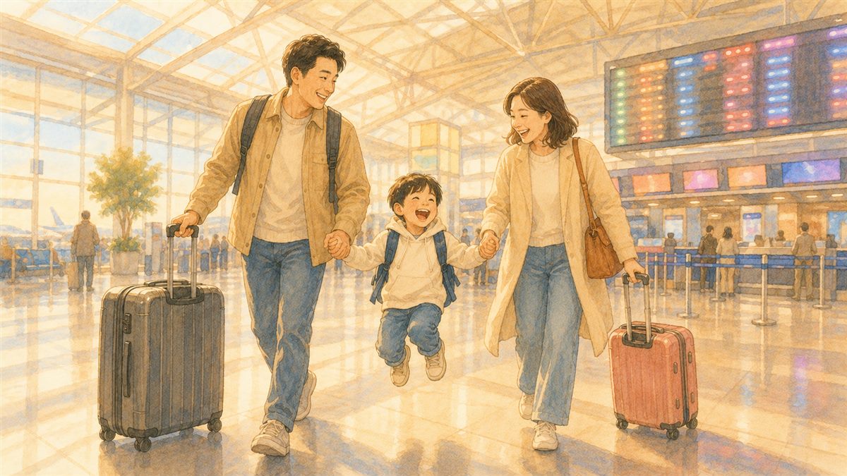 추석 연휴에 캐리어를 끌고 공항 출국장을 걷는 설레는 가족 일러스트