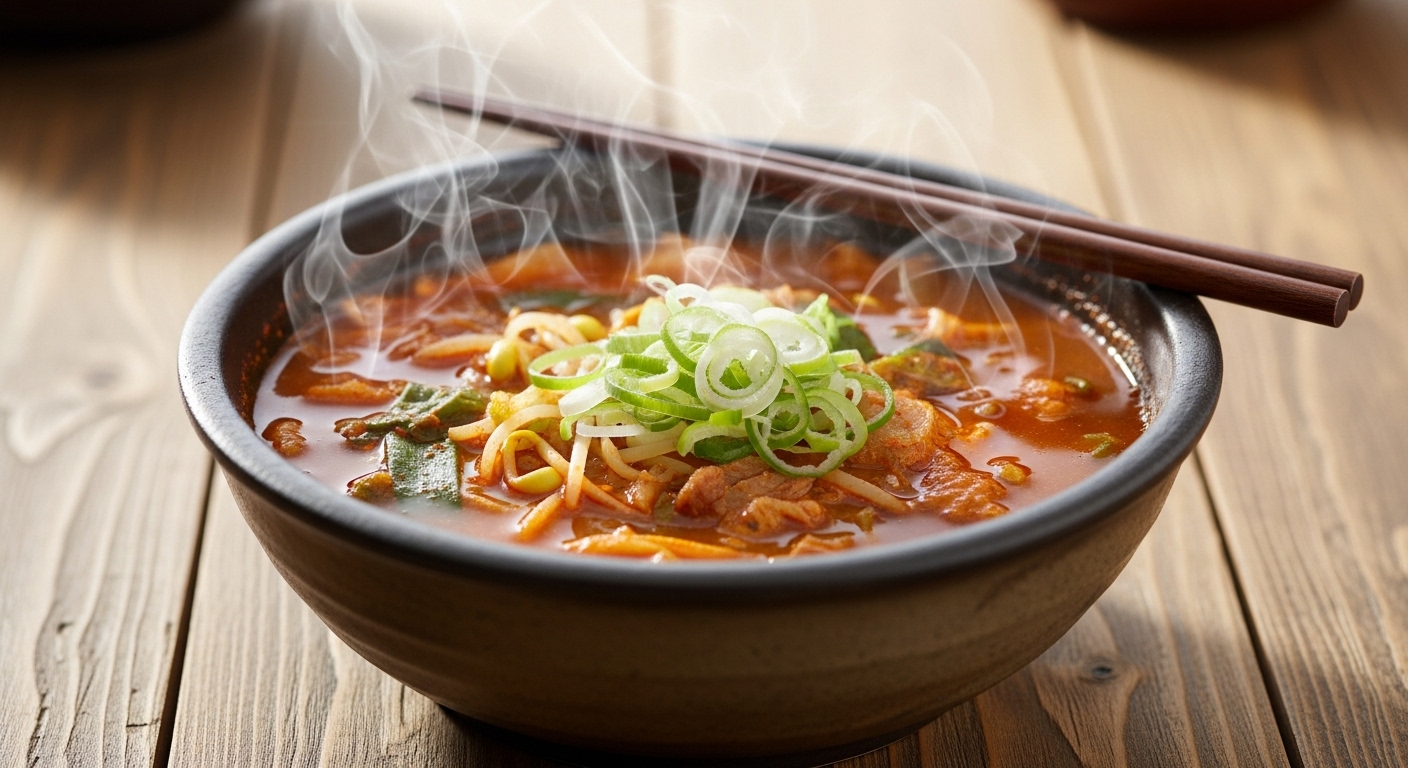 김이 모락모락 피어나는 따뜻한 한국식 해장국 한 그릇.