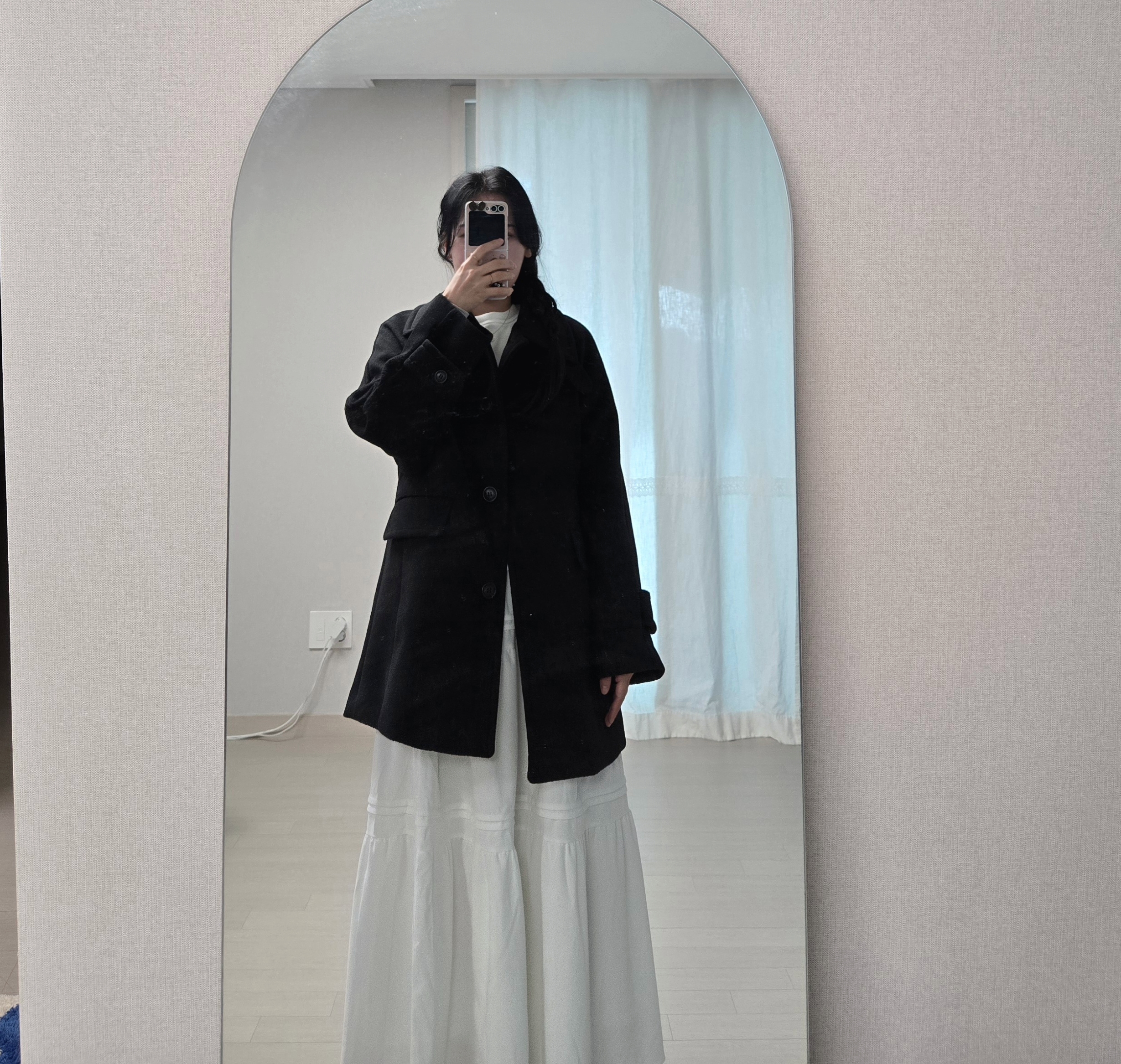 미쏘 울 블렌디드 스탠카라 하프코트 160cm 52kg 착샷
