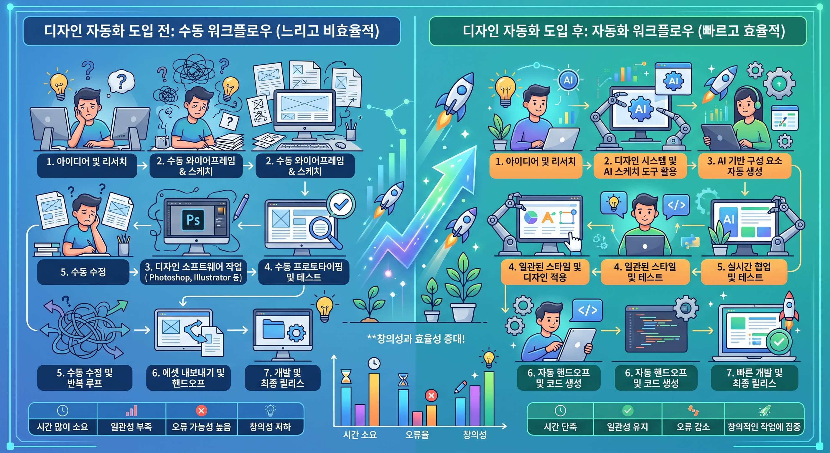 수동 디자인 방식과 AI 기반 자동화 프로세스의 효율성 비교 그래프