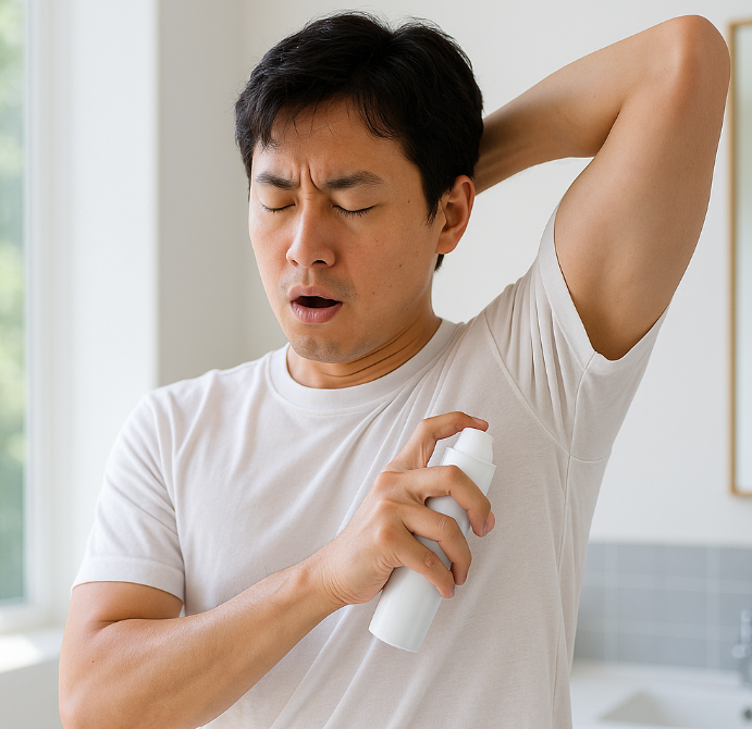 초여름 위생을 위해 땀 냄새를 탈취제를 이용해 제거 하는 모습