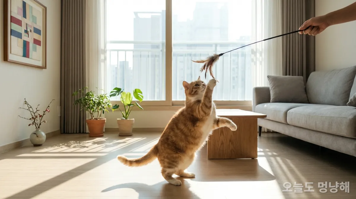 건강하고 활기찬 고양이가 한국 아파트 거실에서 장난감과 노는 모습, 중성화 수술의 긍정적 효과를 보여줍니다.