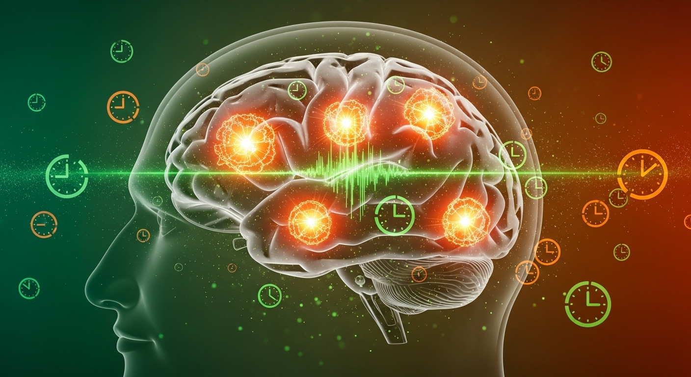 짧은 수면 주기를 통해 집중력과 생산성이 향상되는 뇌 활동을 시각적으로 표현한 역동적인 이미지.