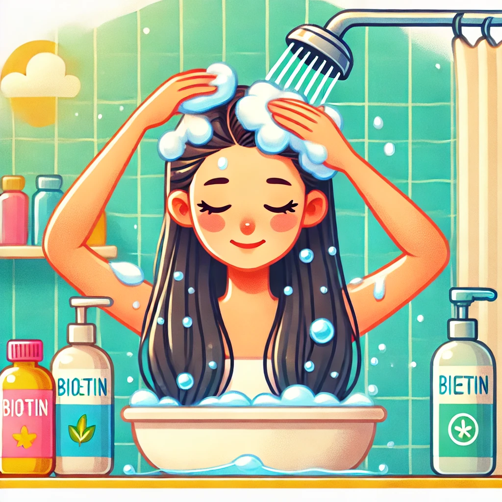 a person washing their hair correctly to prevent hair loss. The person is using a gentle shampoo, massaging
