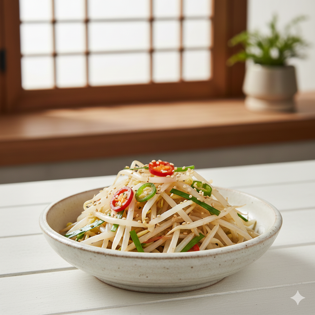 녹두에서 싹을 틔워 아삭하게 데쳐낸 하얗고 싱싱한 녹두나물(숙주나물)