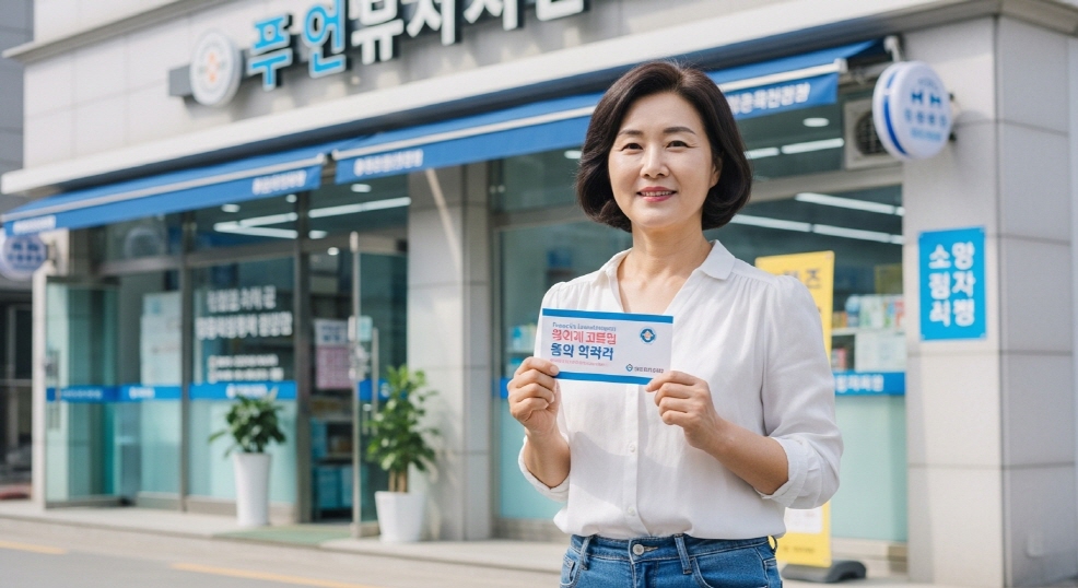 동네 약국 앞에 서 있는 중년 여성