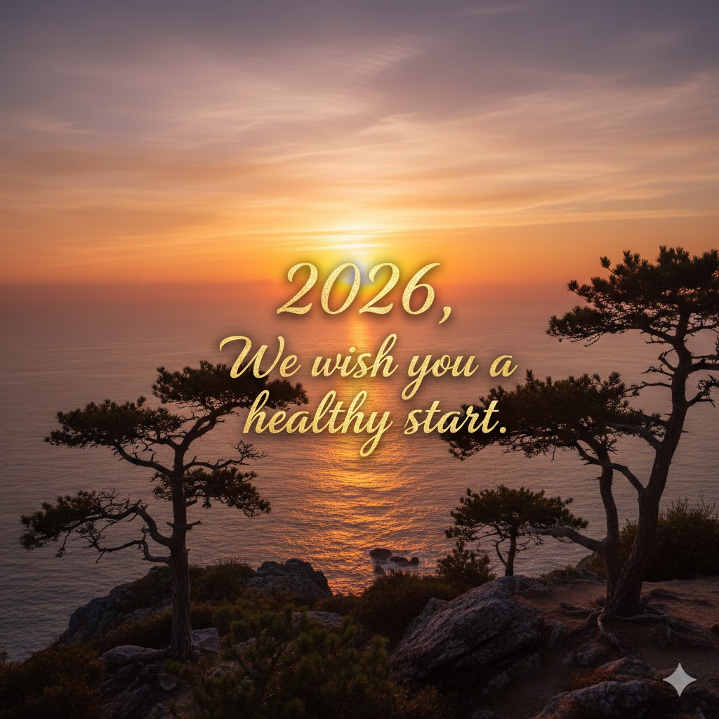 떠오르는 새해 일출 사진과 함께 '2026년, 당신의 건강한 시작을 응원합니다'라는 문구