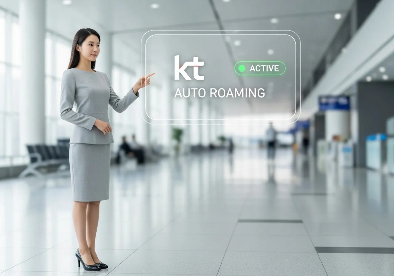 KT 알뜰폰 로밍 서비스를 설명하는 20대 한국 여성 전문가