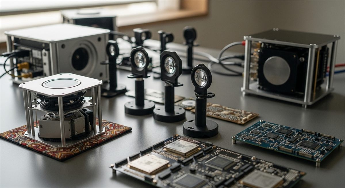 양자 관련 하드웨어를 한 화면에 정리해 놓은 테이블 장면