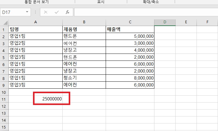 표 아래에 합계액 보임
