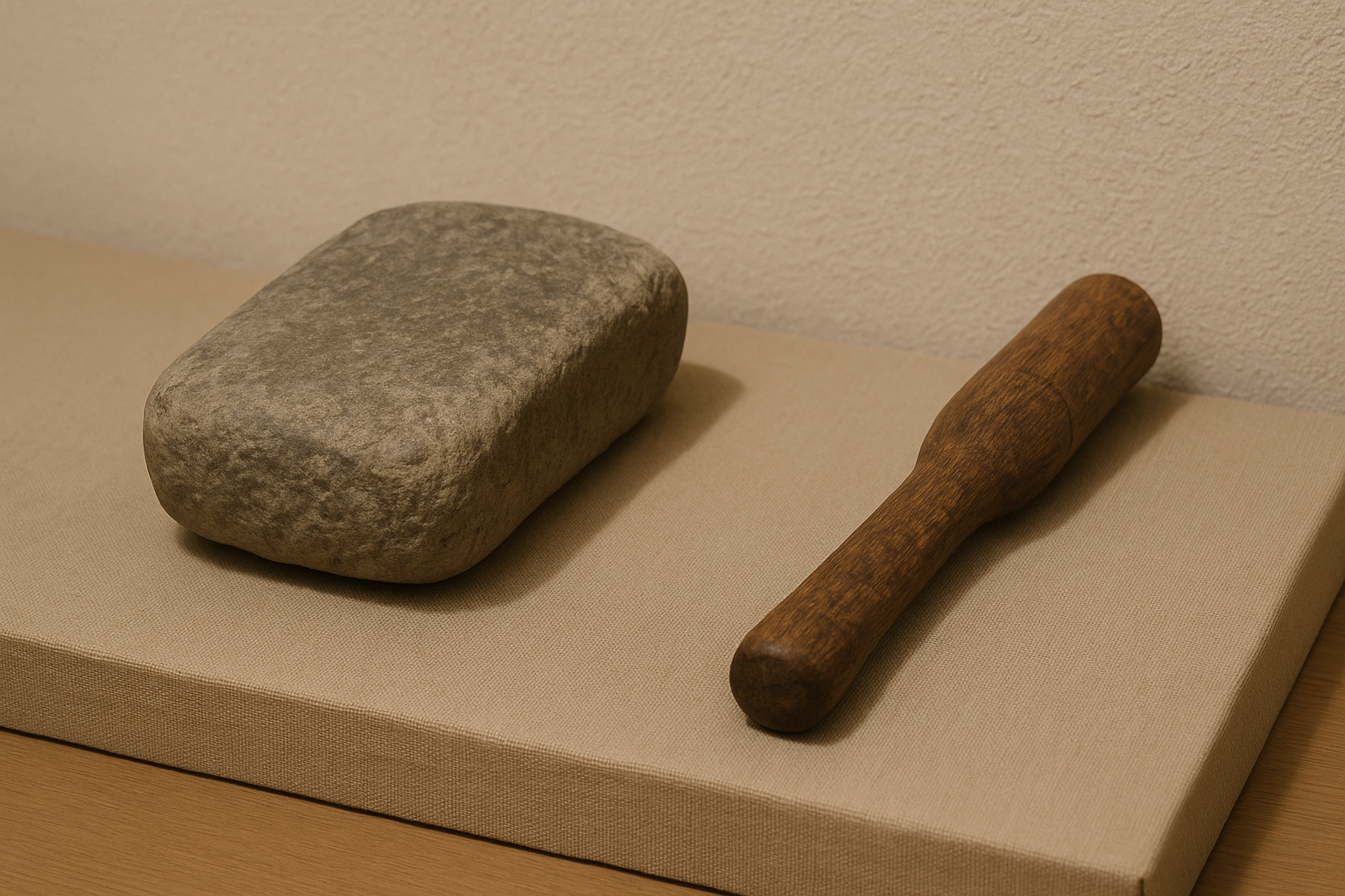 다듬잇돌과 다듬방망이를 나란히 놓은 전통 생활 도구 전시 장면.
