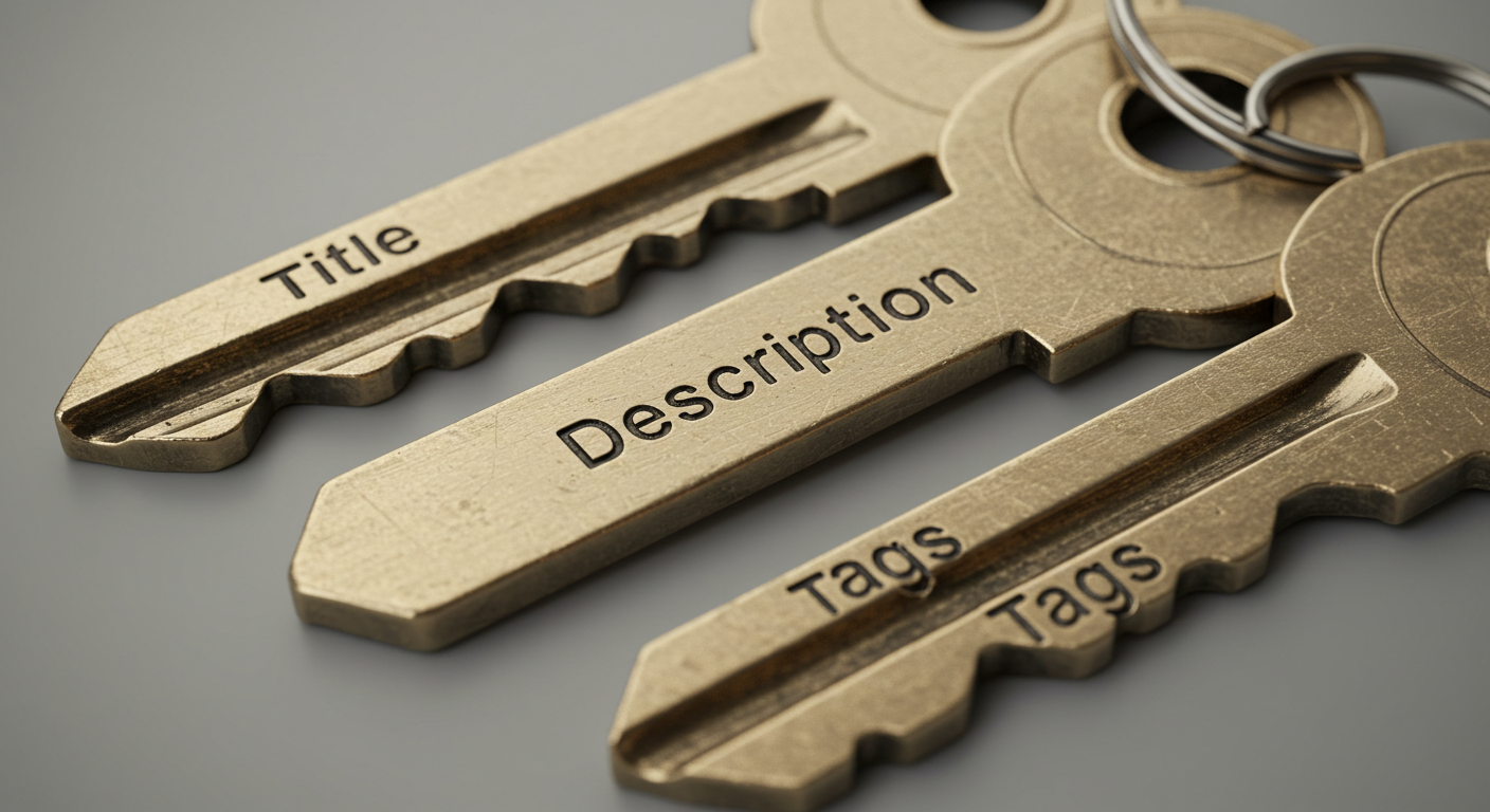Title&middot;Description&middot;Tags를 새긴 세 개 열쇠를 근접 촬영한 상징 이미지