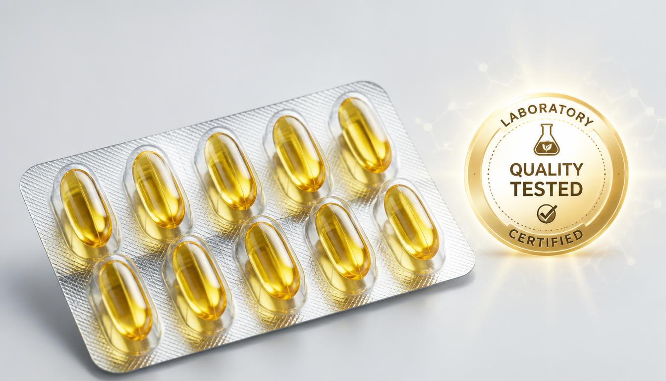 Clear golden omega-3 softgels inside an individual PTP blister pack with quality verification seal
