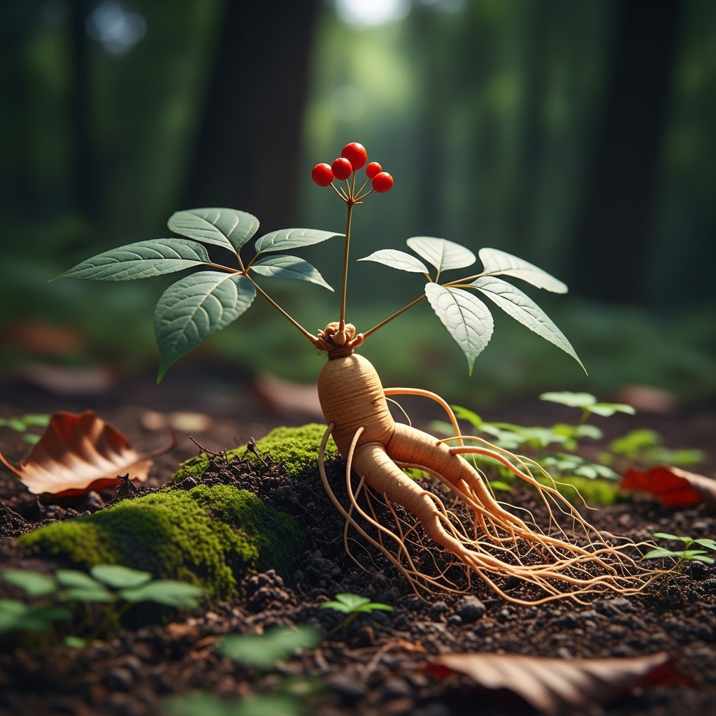 깊은 숲속에서 자란 싱싱한 산양삼 뿌리와 붉은 열매가 돋보이는 클로즈업 이미지. 자연의 생명력이 느껴지는 모습으로, 2025년 산양삼의 효능과 가치를 상징합니다.