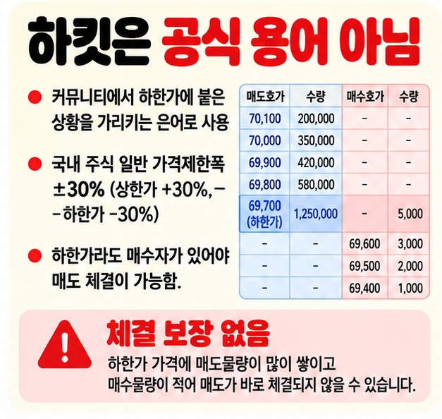하킷은 공식 증권용어가 아니며 하한가 도달과 매도잔량 증가 매수잔량 부족 상황을 보여주는 카드