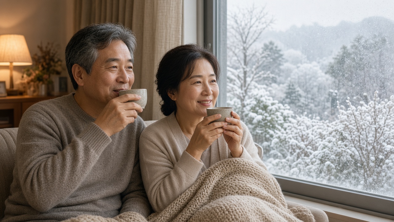 따뜻한 거실 창가에 앉아 차를 마시는 50대 한국인 부부
