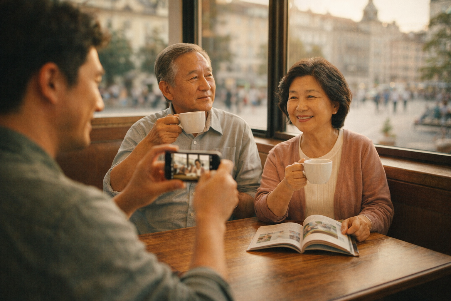 유럽 도시 광장이 내려다보이는 카페 창가 자리에서 60대 한국인 부모가 커피와 차를 마시며 미소 짓고 있고, 아들이 스마트폰으로 그 모습을 따뜻하게 촬영하는 장면