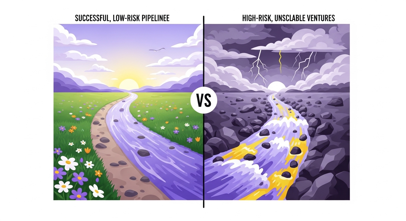 성공적인 파이프라인의 꾸준한 길과 실패한 파이프라인의 험난한 길을 비교하는 시각적인 표현