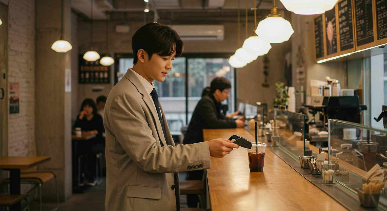 남자가 카페에서 신용카드로 결제하고 있다.