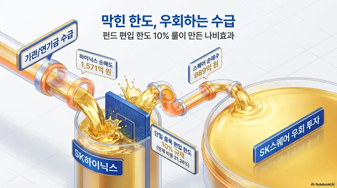 펀드 단일 종목 편입 한도 10% 룰로 SK하이닉스를 더 담지 못한 기관과 연기금 자금이 SK스퀘어로 우회 유입되는 과정을 파이프 흐름으로 표현한 이미지. 하이닉스 순매도 1,571억 원, SK스퀘어 순매수 989억 원이라는 수급 변화를 설명함