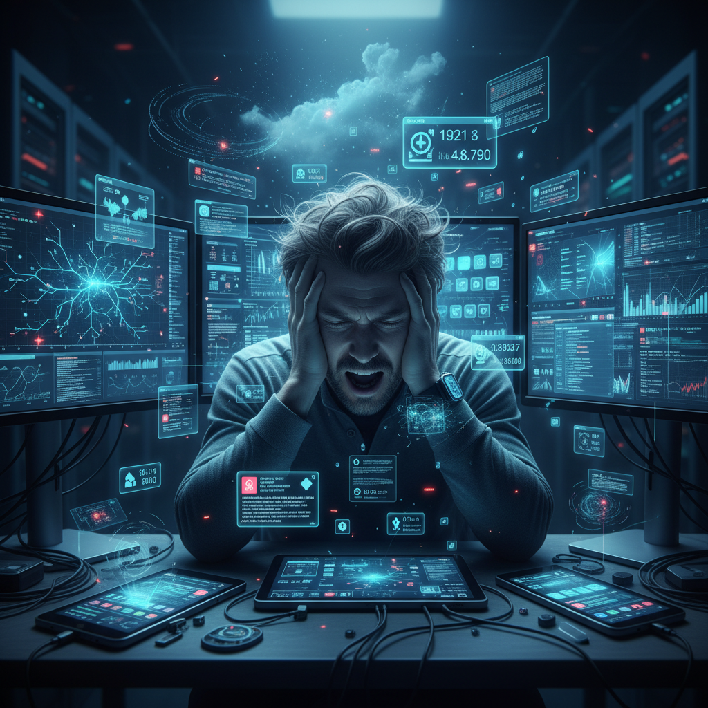 디지털 피로와 정보 과부하에 지쳐 보이는 사람의 모습