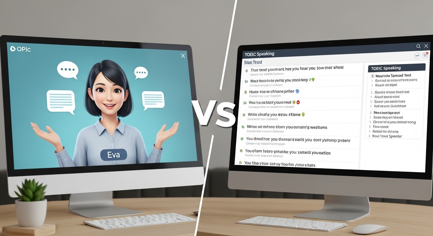 OPIc의 자유로운 인터뷰 형식과 토익스피킹의 구조화된 문제 형식을 비교하는 이미지