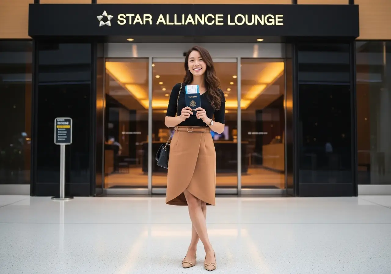 LAX 스타얼라이언스 라운지 입구 앞에서 여성이 여권과 탑승권을 들고 서 있는 모습