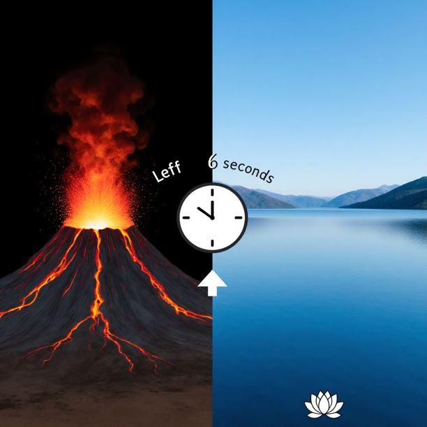 화산에서 평온한 호수로 변화하는 이중 구조의 이미지.
왼쪽은 붉은 용암이 분출하는 화산의 모습으로 분노 상태를 상징하고, 오른쪽은 잔잔한 파란 호수와 평화로운 하늘로 진정된 상태를 상징 한다.