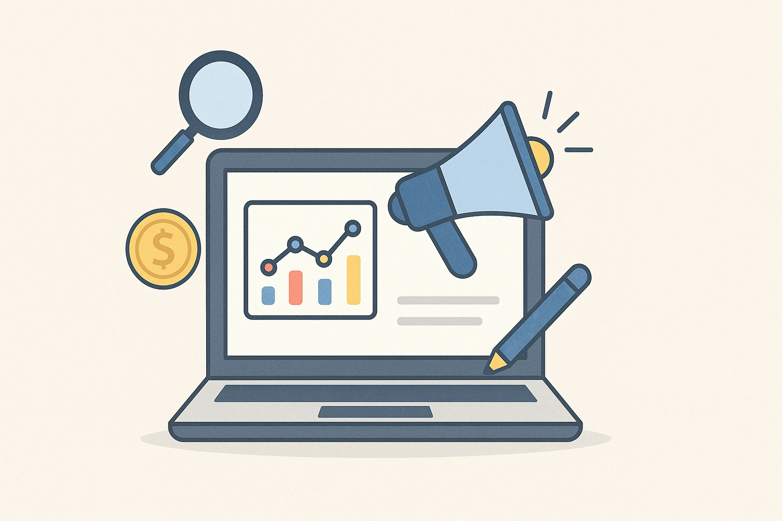 디지털 마케팅 전략과 실전사례를 상징하는 아이콘 구성