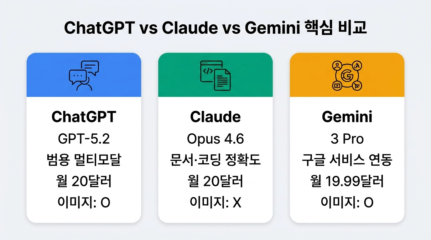 ChatGPT vs Claude vs Gemini 기능 비교 인포그래픽 2026