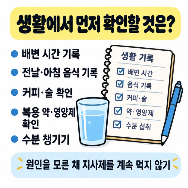 음식과 배변 기록, 수분 섭취, 복용 약 확인 방법을 보여주는 그림