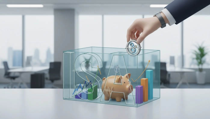 다양한 투자 상품이 담긴 ISA 계좌에 자금을 넣는 한국인의 손을 묘사한 인포그래픽