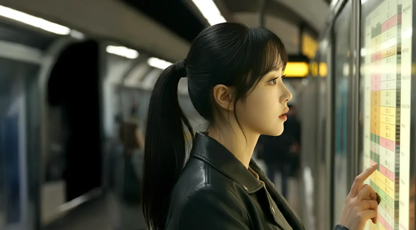 지하철 시간표를 보는 여성