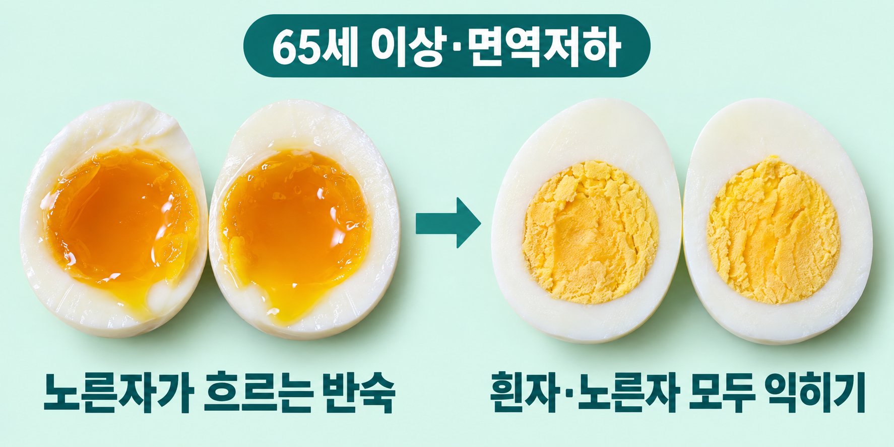 반숙달걀: 대상 &mdash; 고령&middot;면역저하 등 고위험군; 반숙달걀: 익힘 &mdash; 흰자와 노른자 모두 익히기