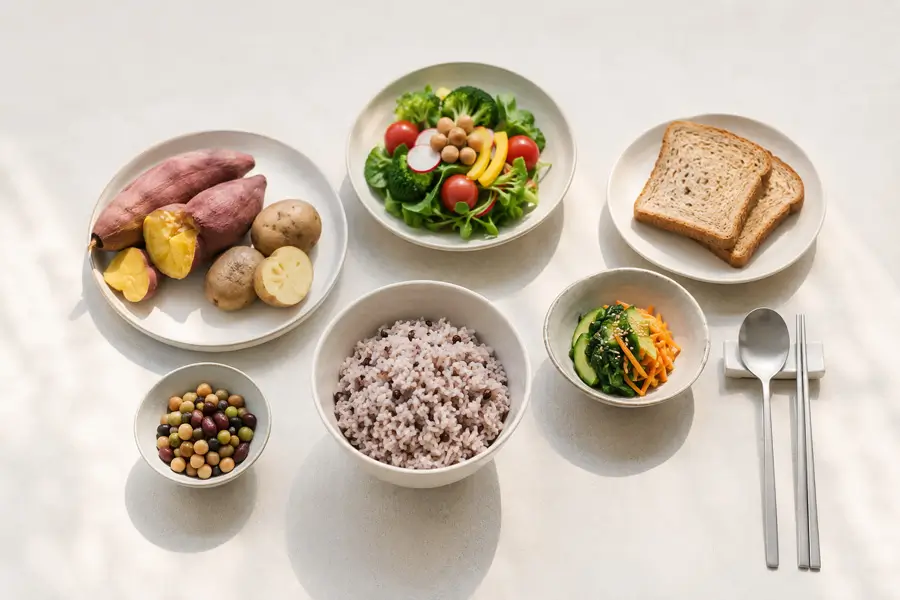 잡곡밥, 고구마, 감자, 통밀빵, 콩류와 신선한 채소를 균형 있게 배치한 건강한 탄수화물 식재료 구성