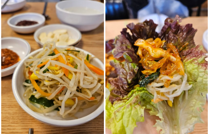 상추에 순대와 곱창 그리고 아삭한 콩나물을 올려 먹는 맛있는 곱창 쌈 조합