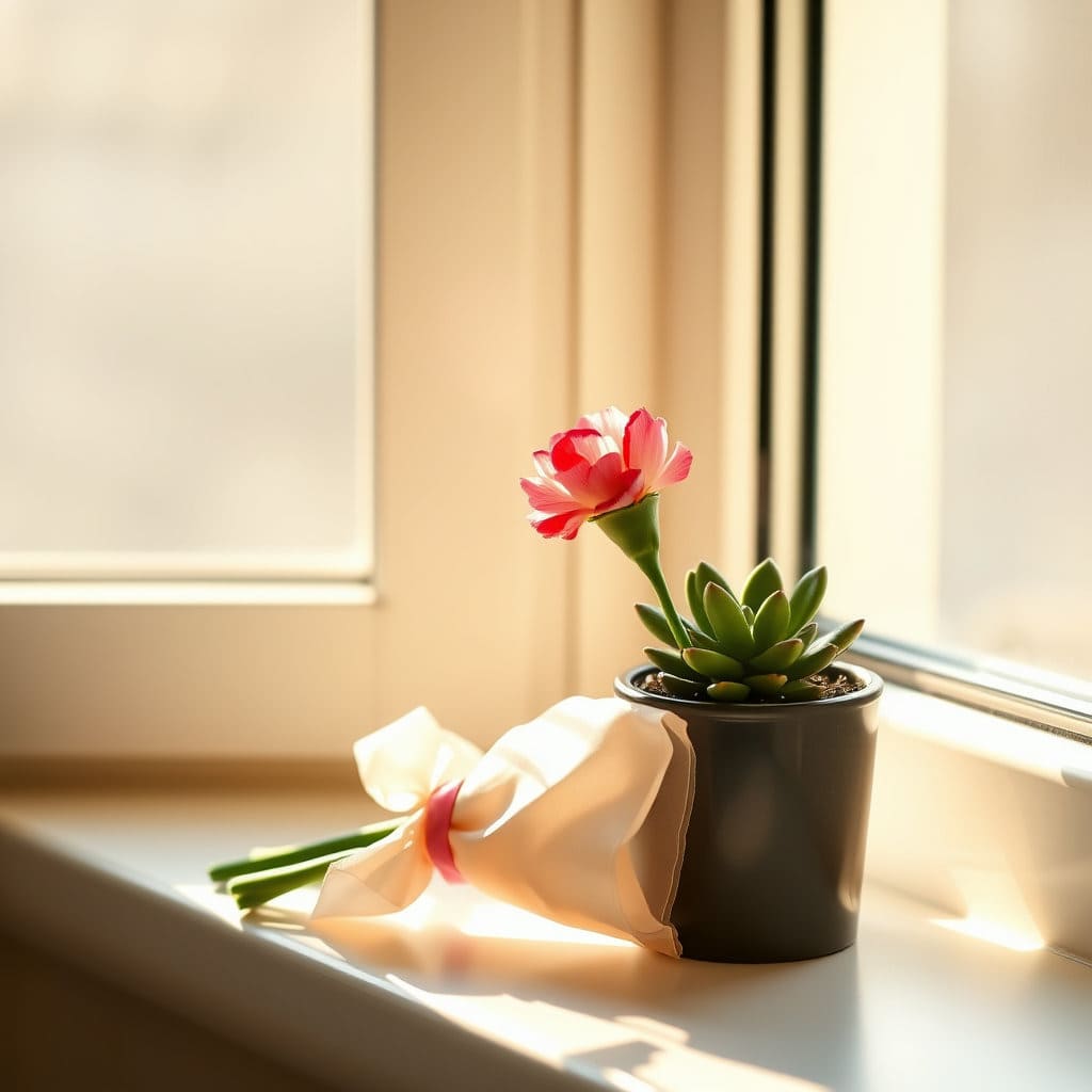 심플하게 포장된 카네이션 한 송이나 작은 화분(예: 다육식물)이 창가 햇살 아래 놓여 있는 모습입니다. 배경은 최소화하고 꽃이나 식물 자체에 초점을 맞추어 소박하지만 아름다운 느낌을 강조합니다. 자연광을 활용한 감성적인 사진 스타일입니다.