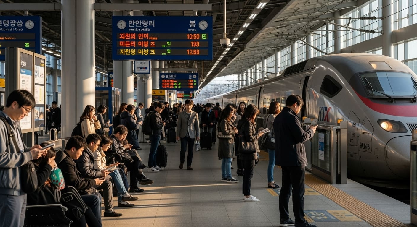 추석 귀성객으로 붐비는 기차역 대합실