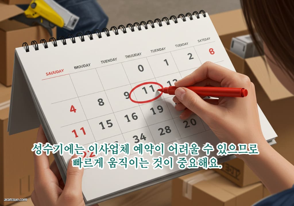 성수기에는 이사업체 예약이 어려울 수 있으므로 빠르게 움직이는 것이 중요해요.