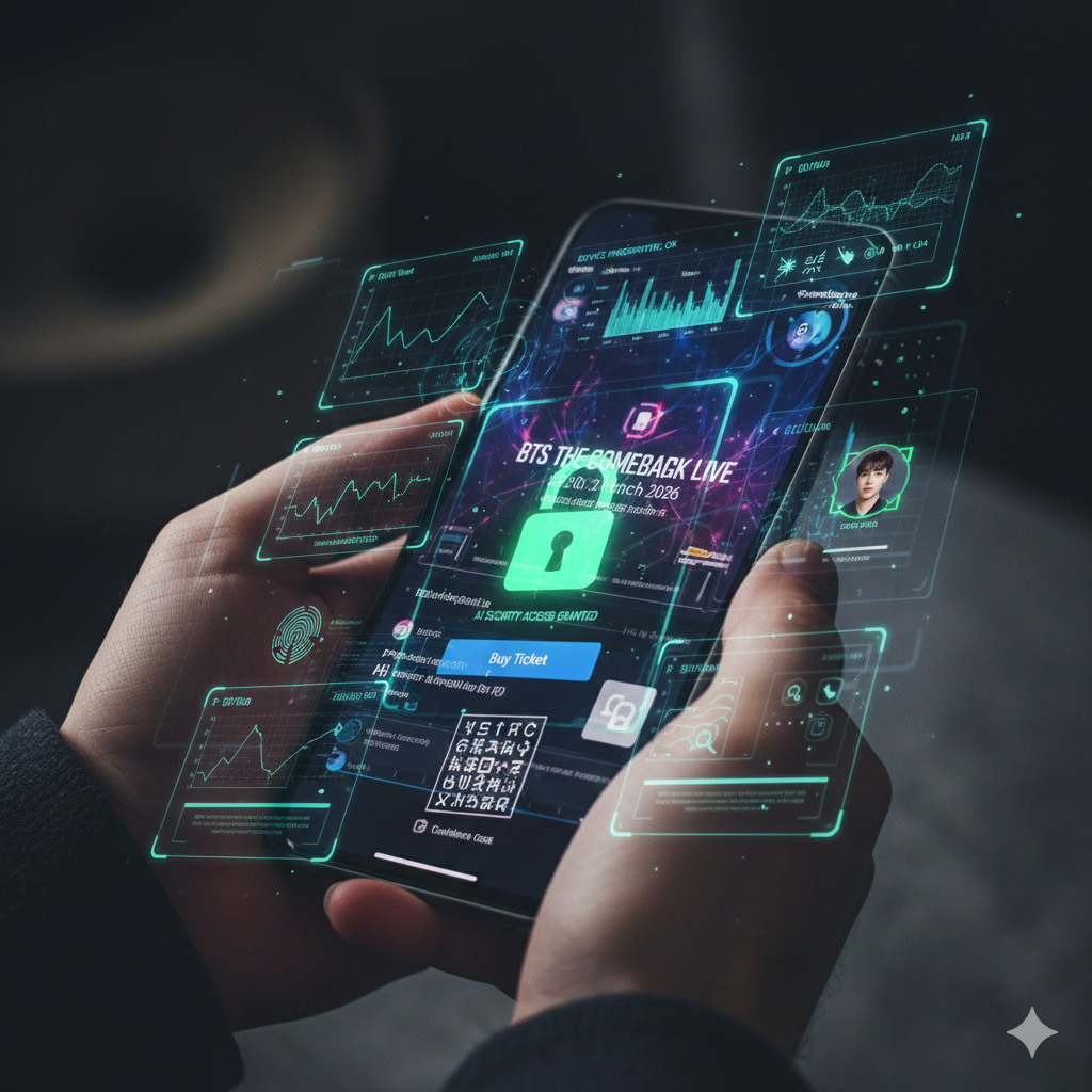 마우스 궤적 분석을 통한 AI 예매 보안 시스템 그래픽]- 휴대폰 화면에 잠금 열쇠와 그걸 뚫기 위한 준비를 하는 손이 그려져 있는 이미지