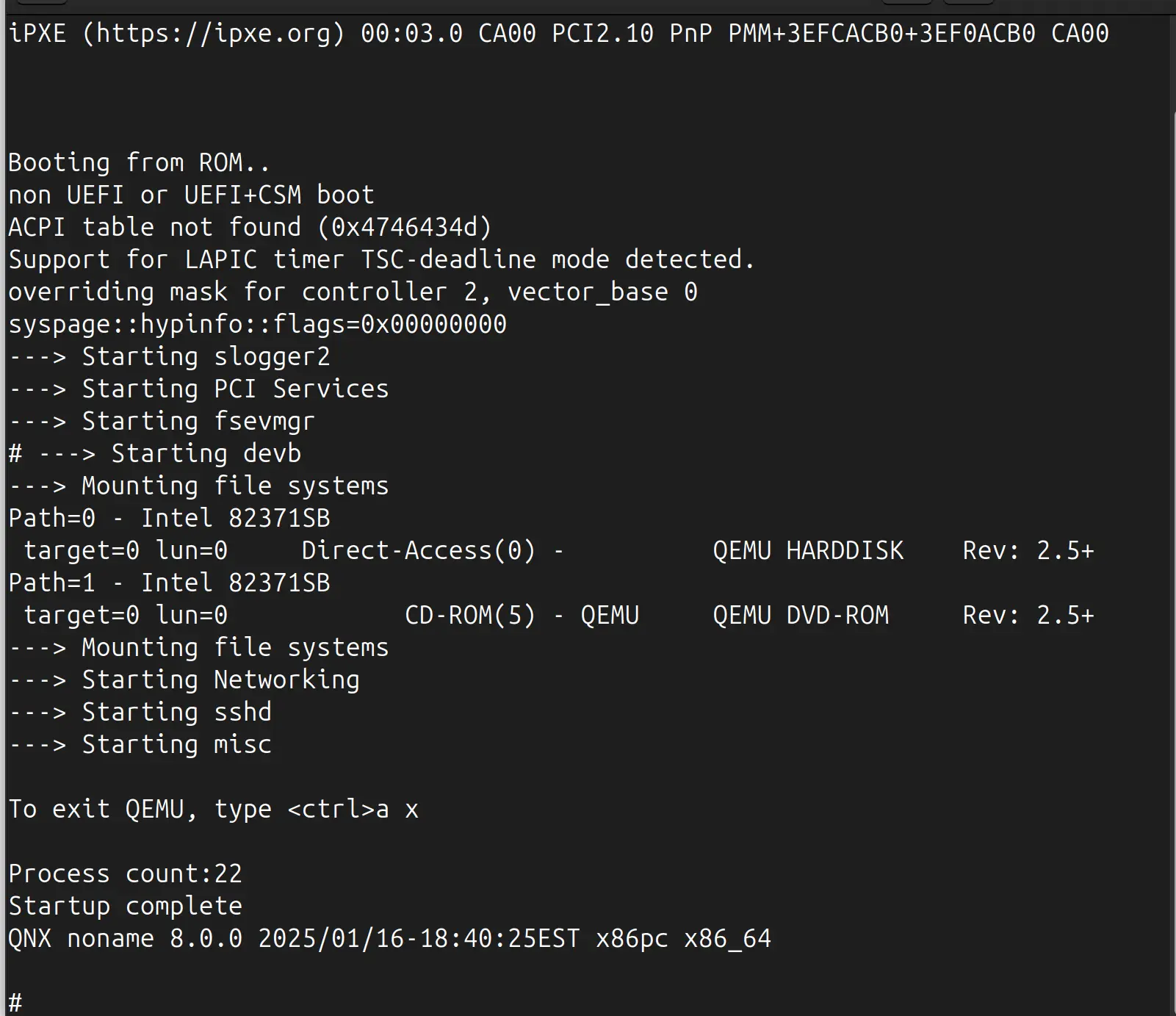 QNX에서 QEMU 실행된 화면