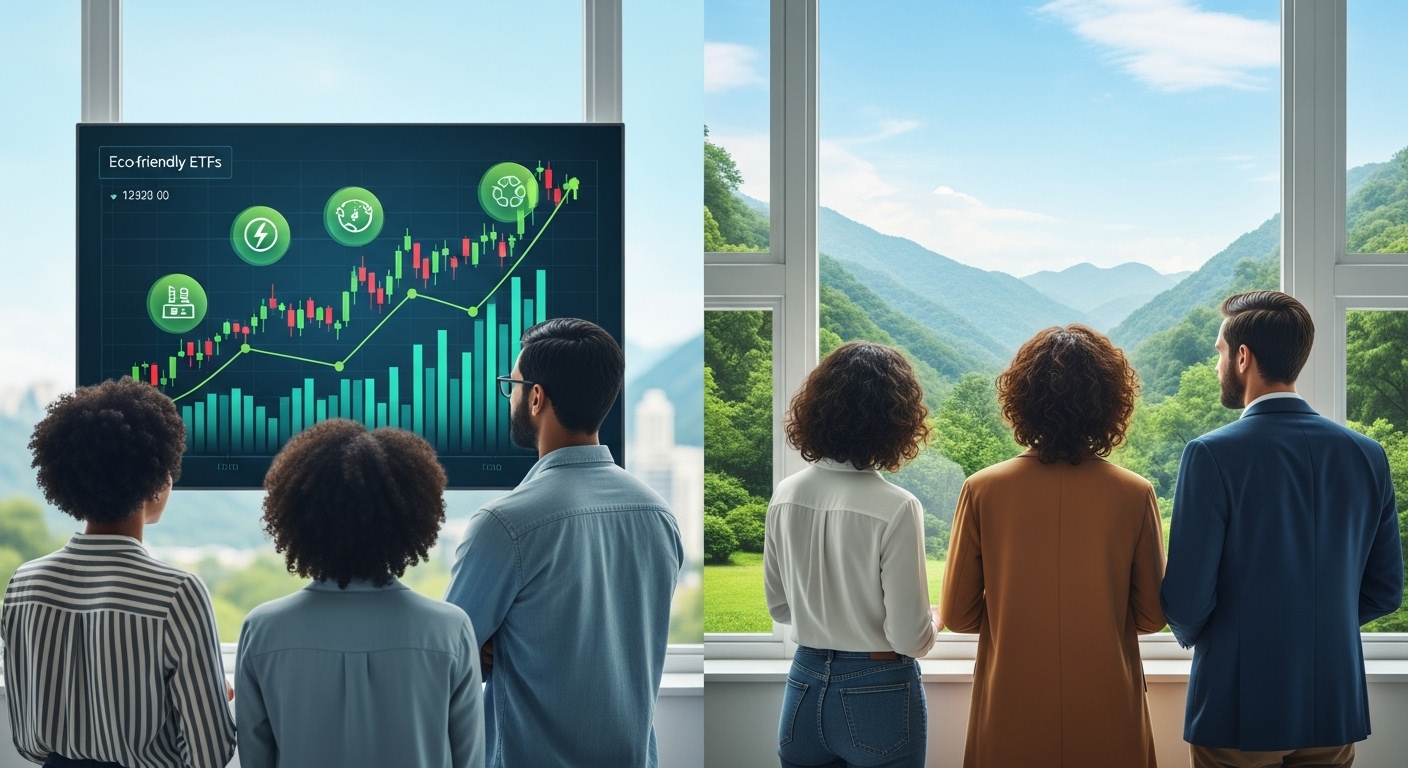 친환경 ETF 투자의 이점을 보여주는 이미지. 사람들이 화면 속 상승하는 투자 그래프와 창밖의 푸른 자연을 보며 만족하는 모습.