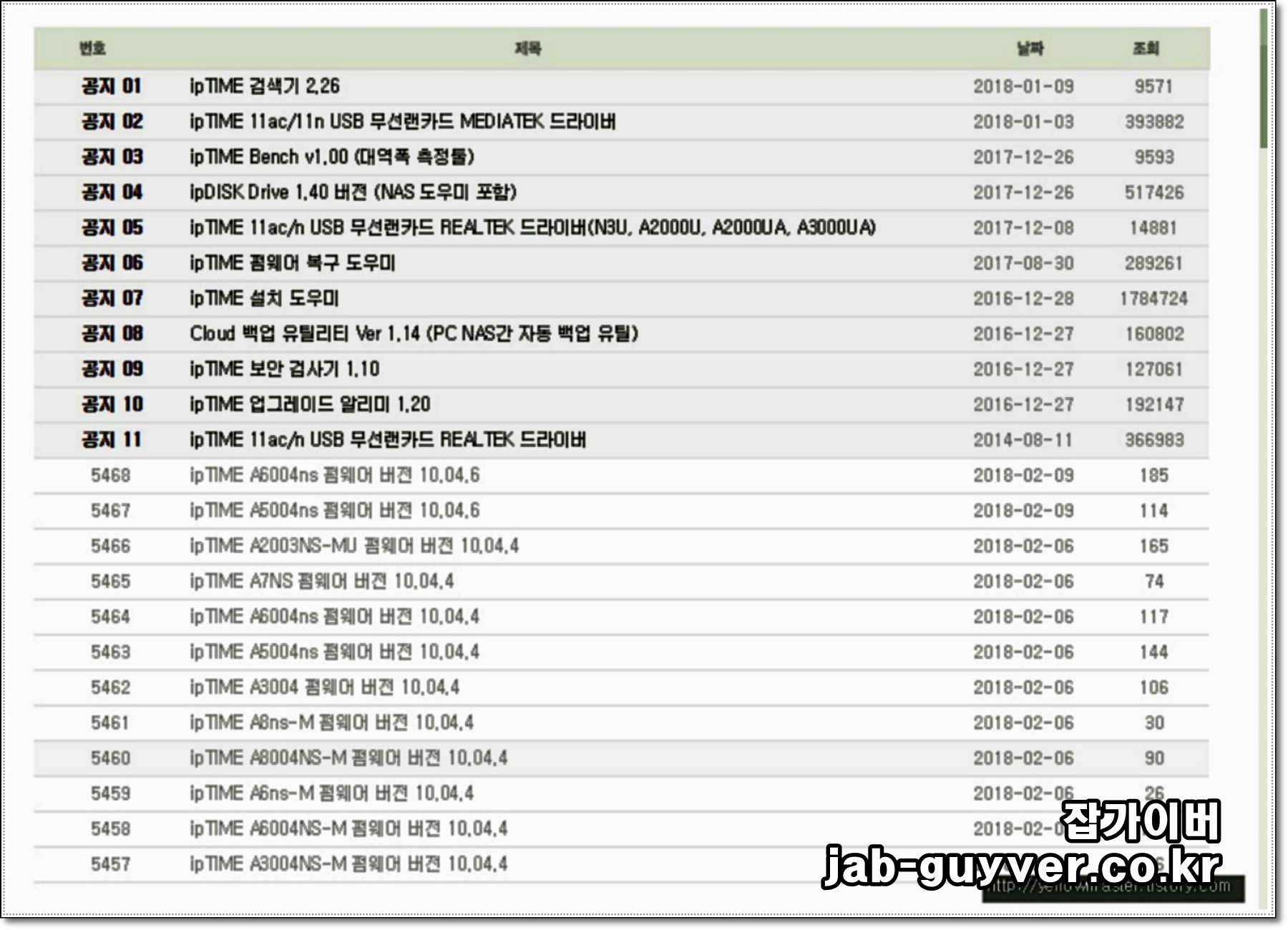 ipTIME 고객지원 다운로드에서 검색기 및 펌웨어를 내려받는 화면