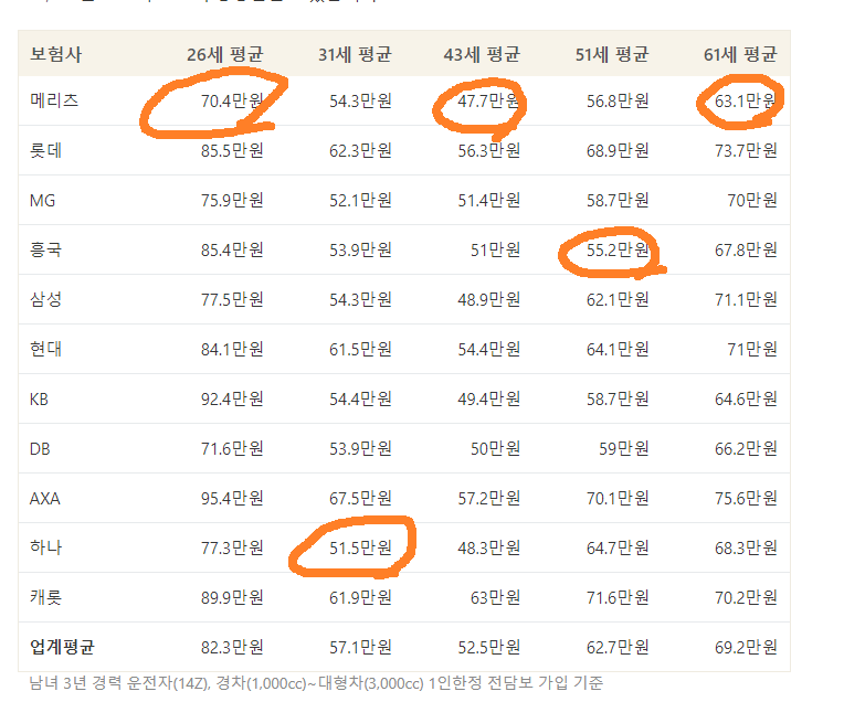 연령별 가장 저렴한 보험료?