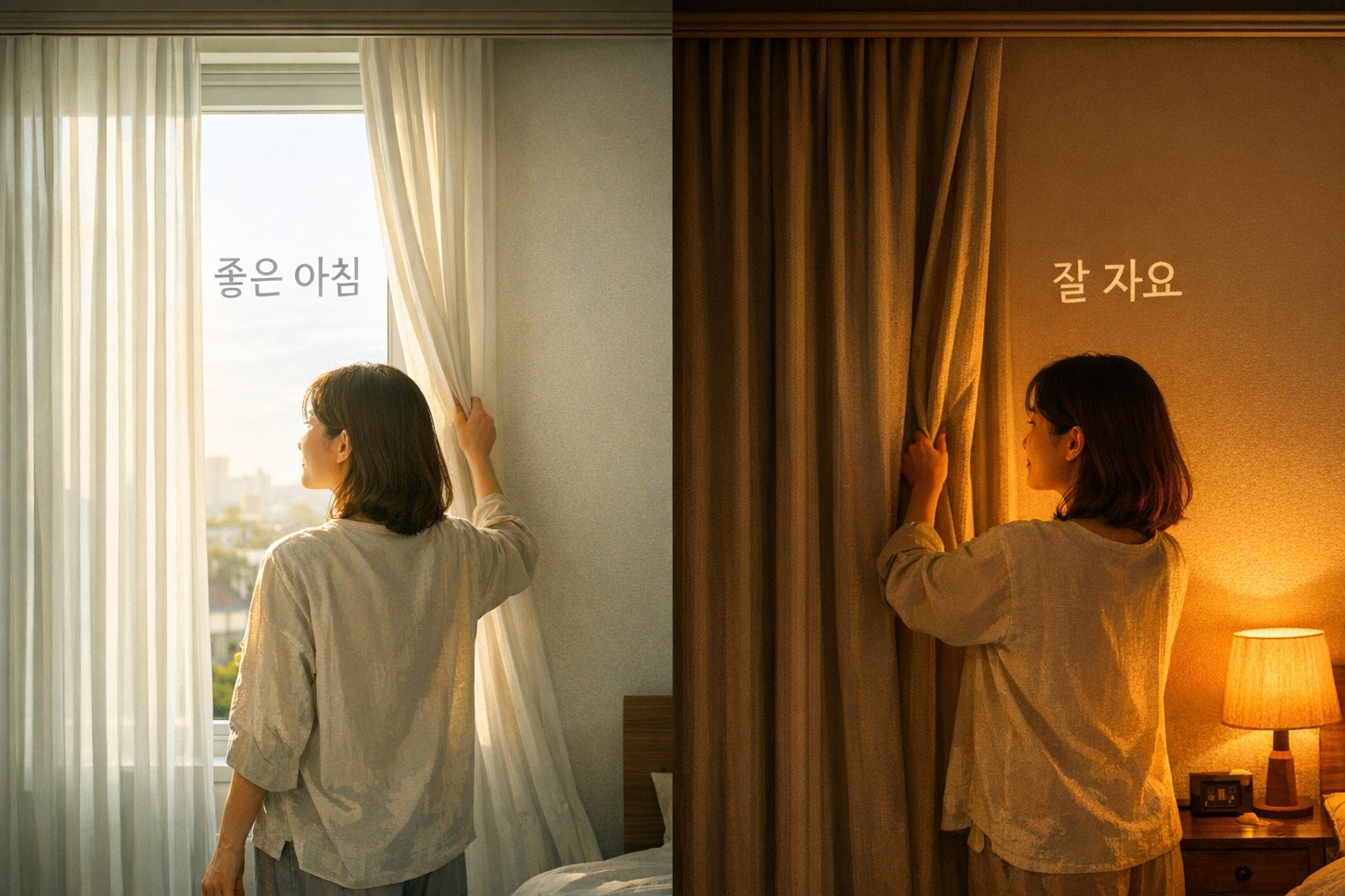 멜라토닌 부작용을 줄이기 위해 아침 햇빛과 저녁 조명을 조절하는 수면 루틴 장면