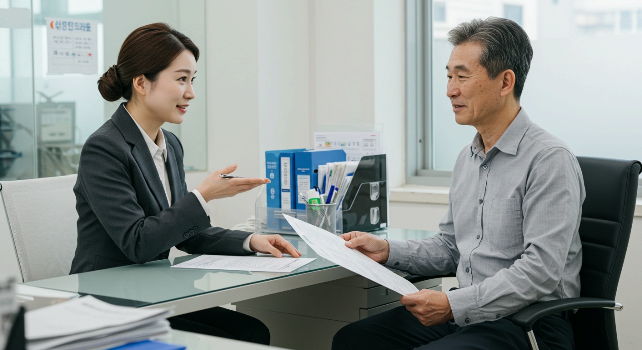 장년의 남자가 어느 기관에서 상담을 받고 있는 모습