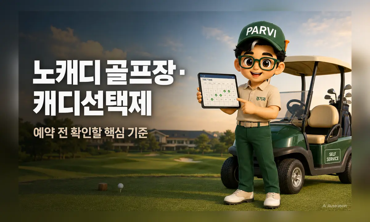 노캐디 골프장과 캐디선택제 예약 조건을 태블릿으로 안내하는 PARVI 캐릭터