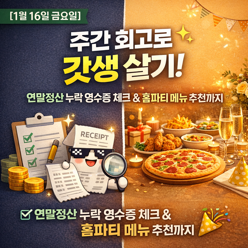 [1월 16일 금요일] 주간 회고로 갓생 살기! 연말정산 누락 영수증 체크 &amp; 홈파티 메뉴 추천까지
2026년 1월 16일, 금요일 루틴, 주간 회고 작성법, 금요일 저녁 메뉴 추천, 연말정산 안경 영수증, 홈파티 레시피, 자기계발 루틴, 주말 날씨, 1월 제철음식, 직장인 번아웃 해소