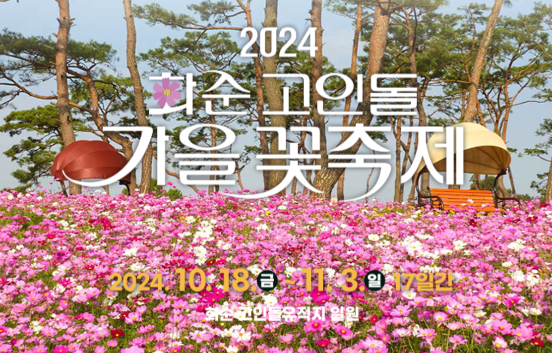 화순 고인돌 가을꽃 축제 첫 화면.
축제 기간은 10월 18일 ~ 11월 3일까지이다.
장소는 화순 고인돌유적지 일원이다.